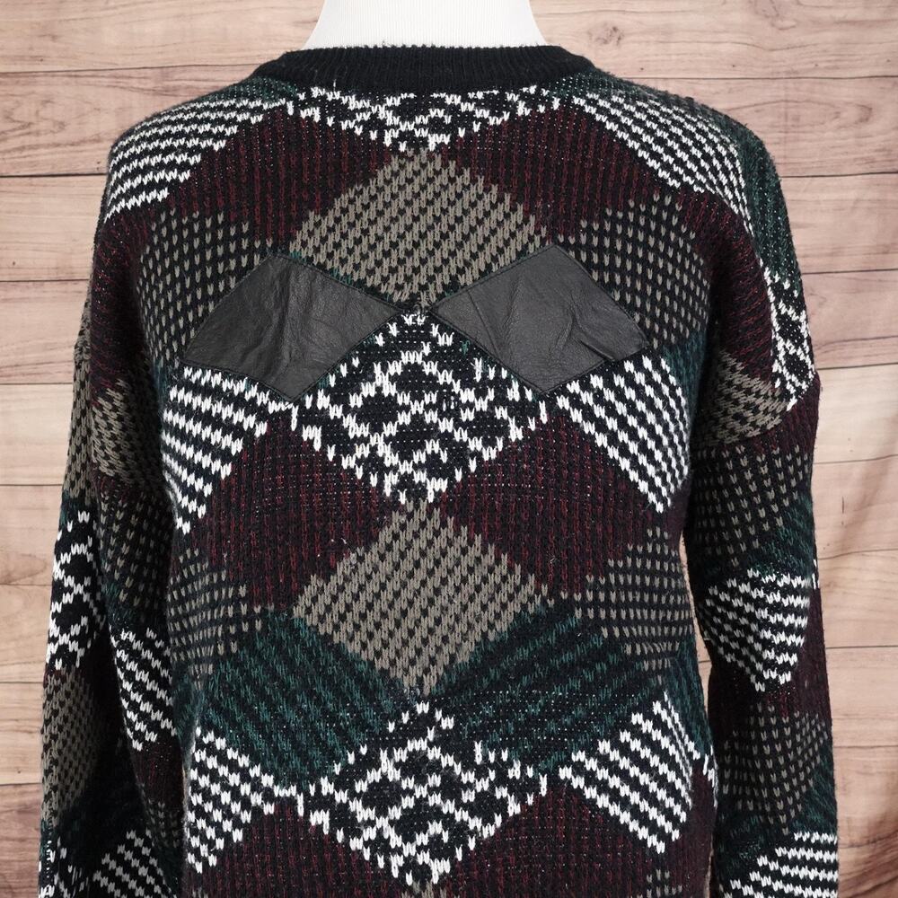 Vintage Impact Sweater Mens XL Green Burgundy Argyle Patch Accents Crewneck 90s